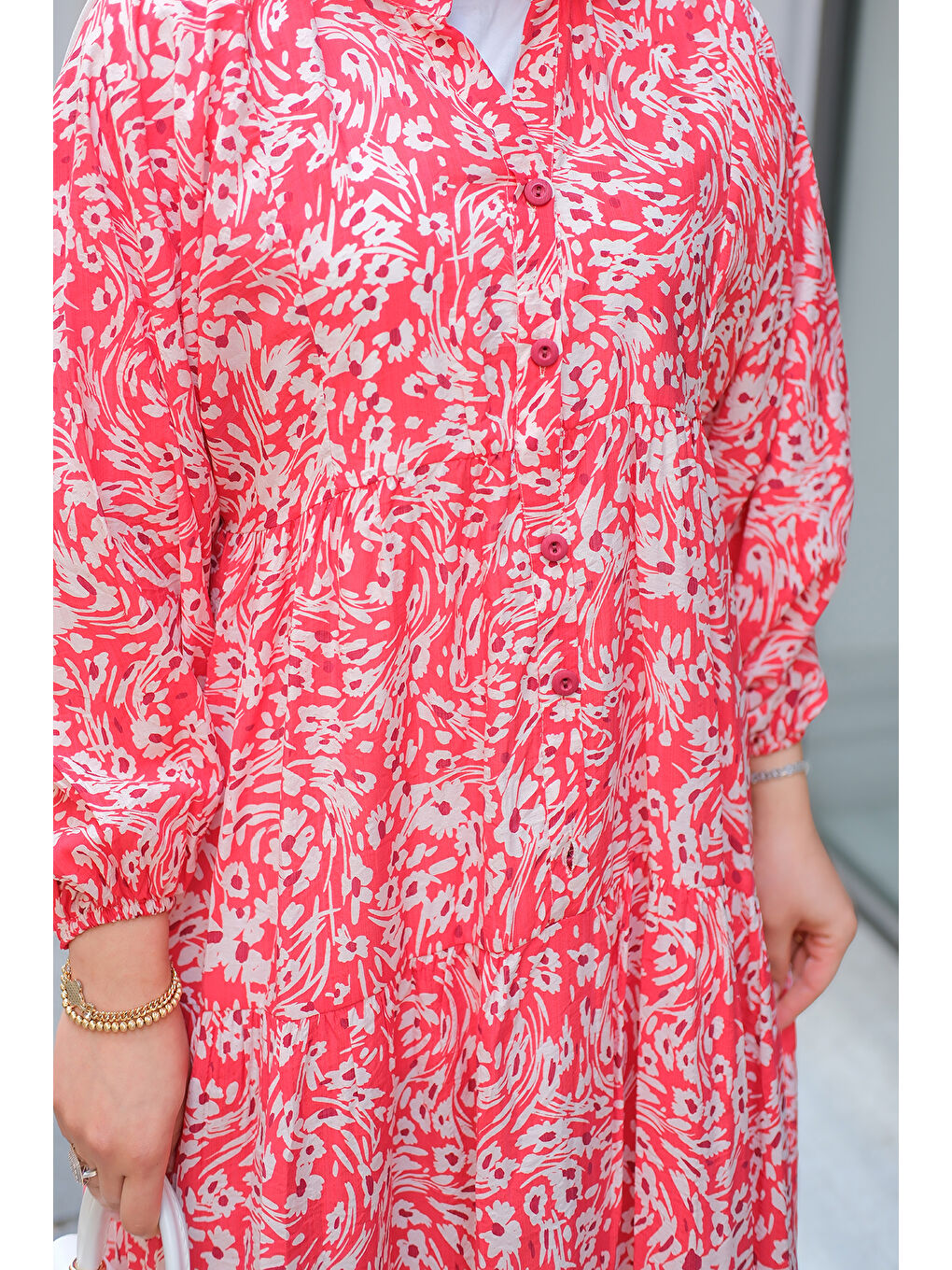 Kadın Papatya Desenli Elbise Kırmızı-4