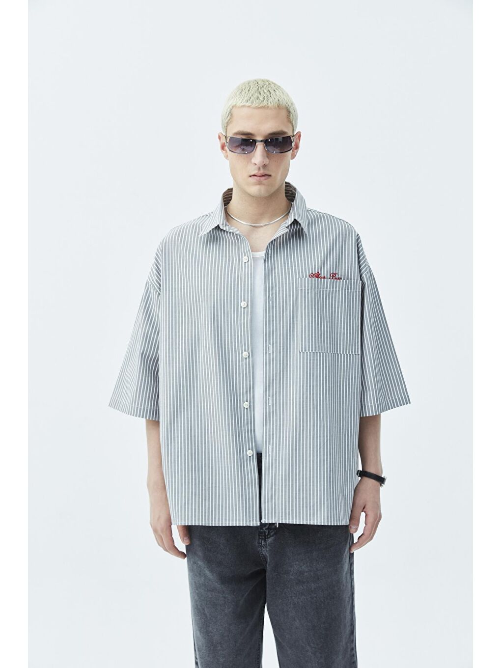 Antrasit Cep Detaylı Oversize Çizgili Kısakollu Gömlek-antrasit