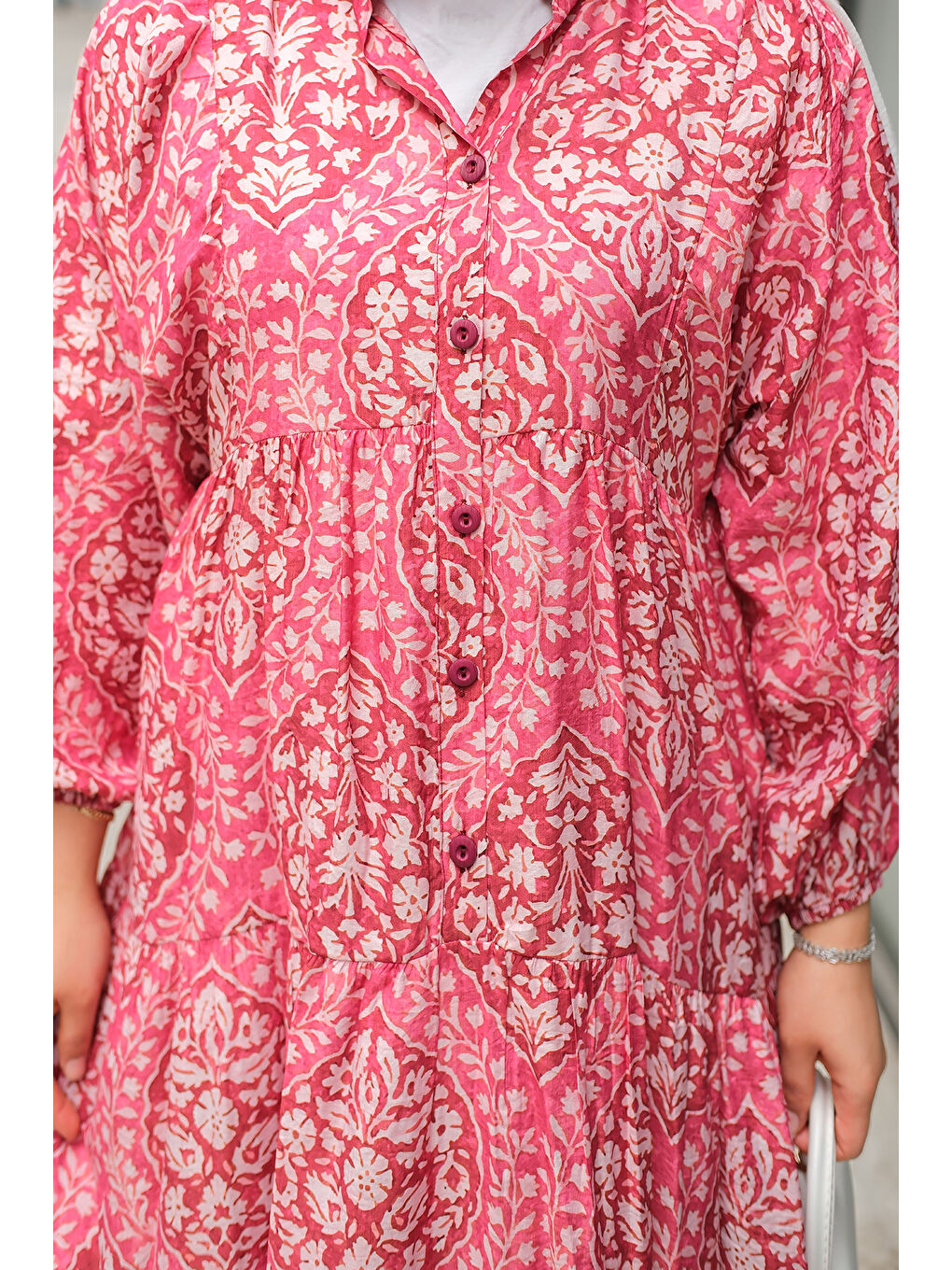 Kadın Buğlem Desenli Elbise Fuşya-3