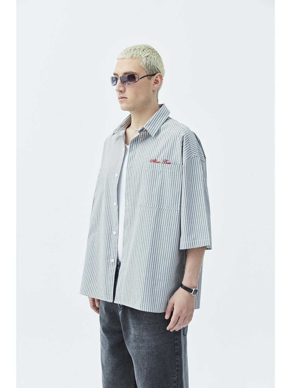 Antrasit Cep Detaylı Oversize Çizgili Kısakollu Gömlek-antrasit-1