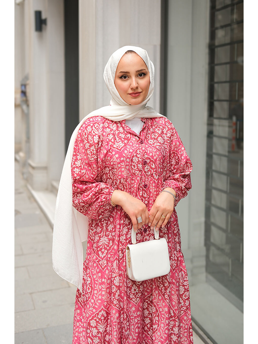 Kadın Buğlem Desenli Elbise Fuşya-4