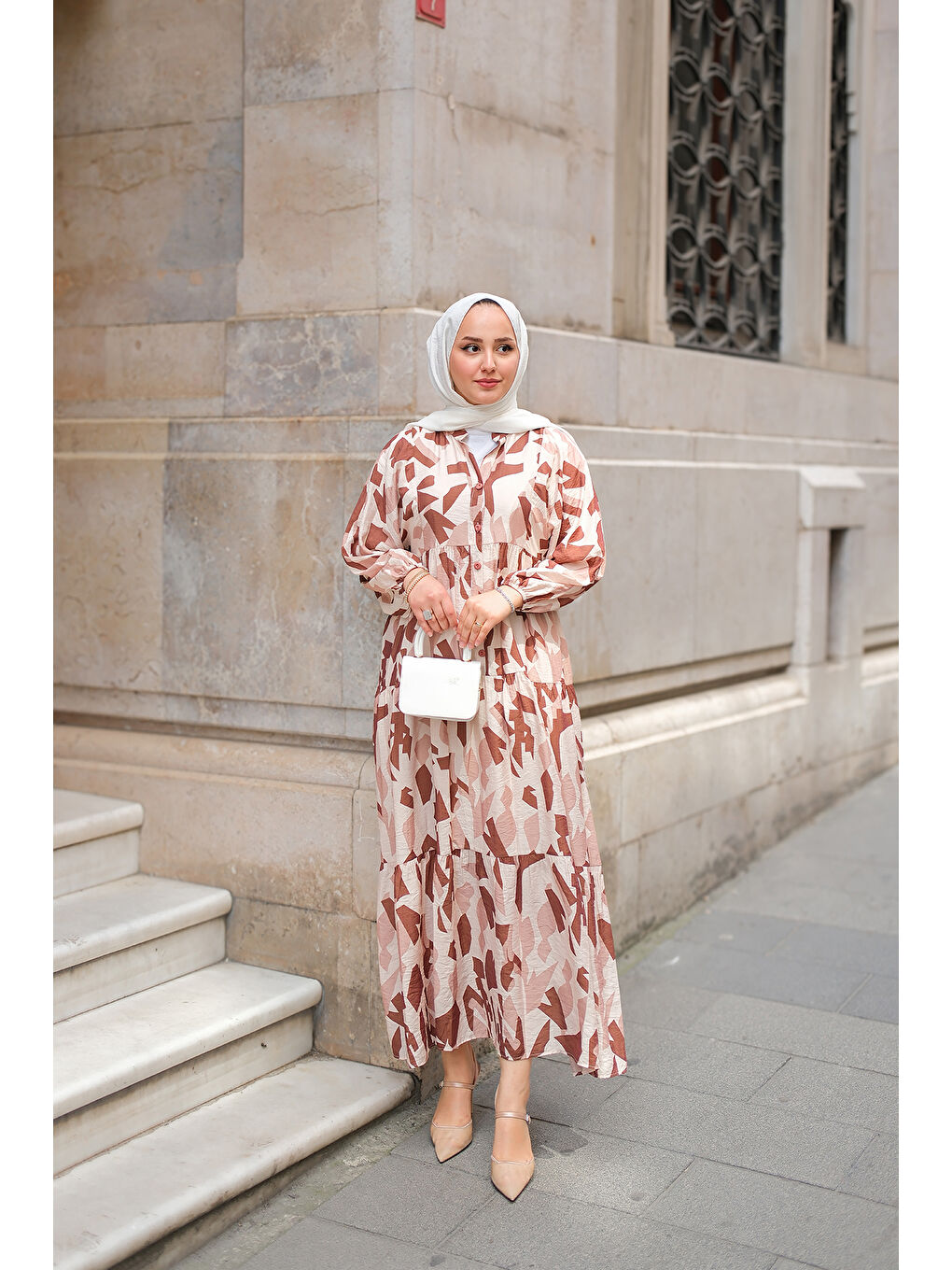 Kadın Parça Desenli Elbise Kahverengi-1