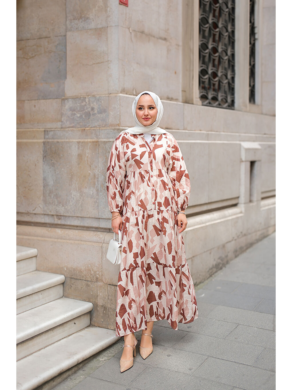 Kadın Parça Desenli Elbise Kahverengi-2