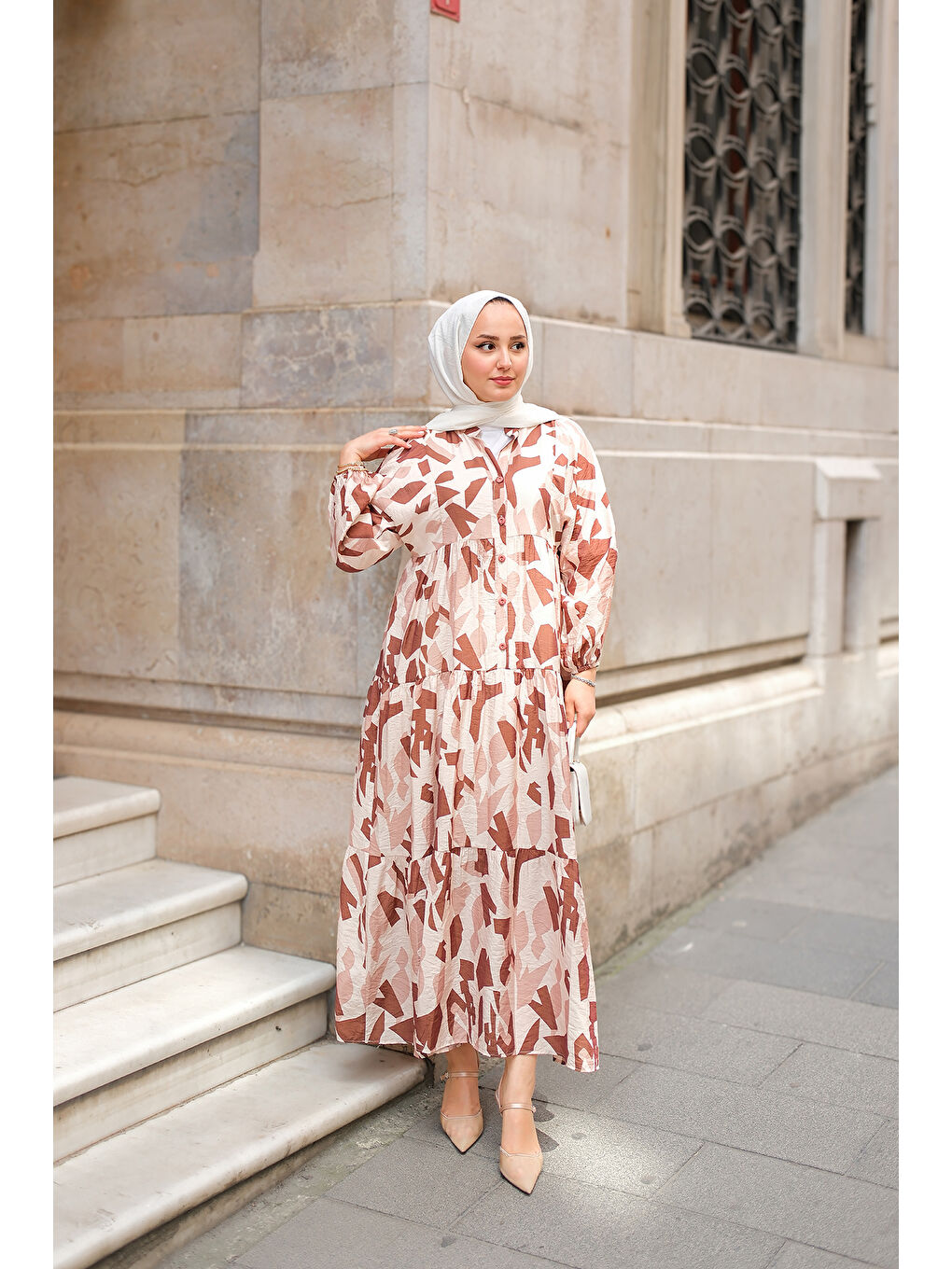 Kadın Parça Desenli Elbise Kahverengi-3