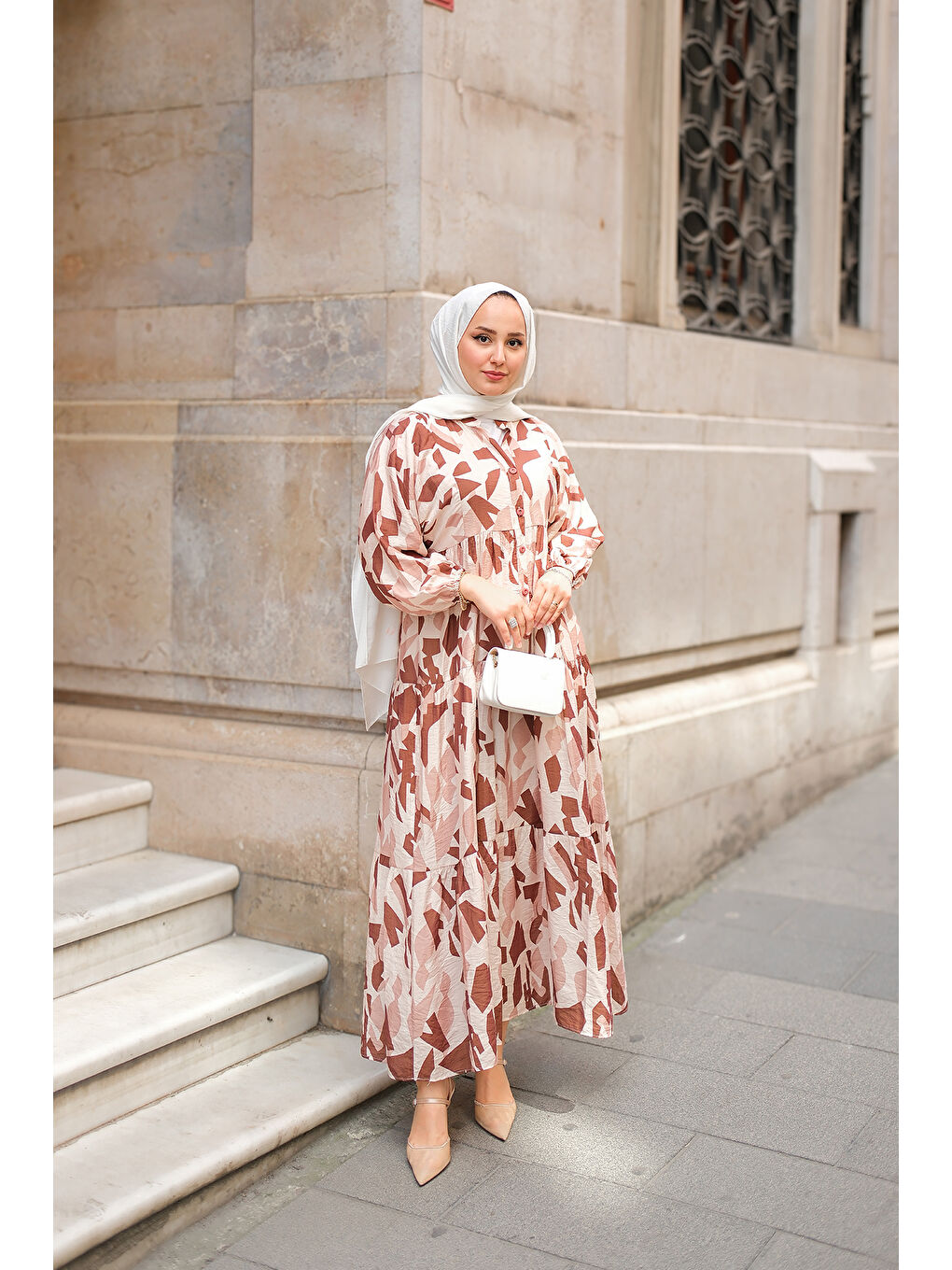 Kadın Parça Desenli Elbise Kahverengi-4