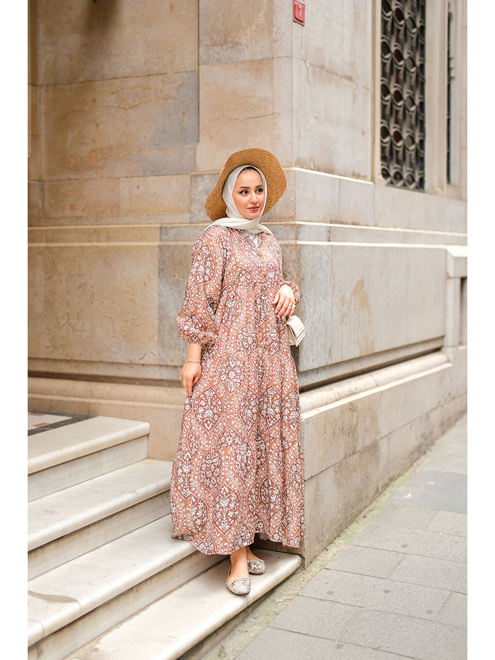 Kadın Buğlem Desenli Elbise Kahverengi-1