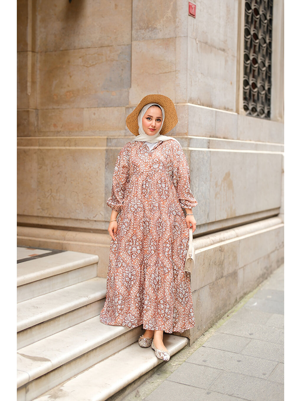 Kadın Buğlem Desenli Elbise Kahverengi-2