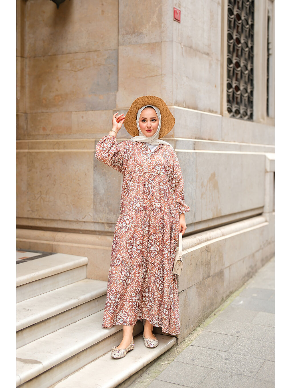 Kadın Buğlem Desenli Elbise Kahverengi-3