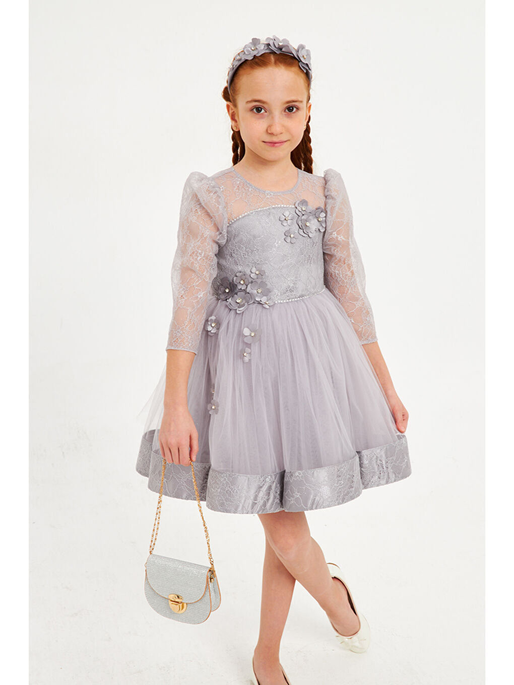 Gri Robası Dantelli Çiçekli Taşlı Çantalı Abiye