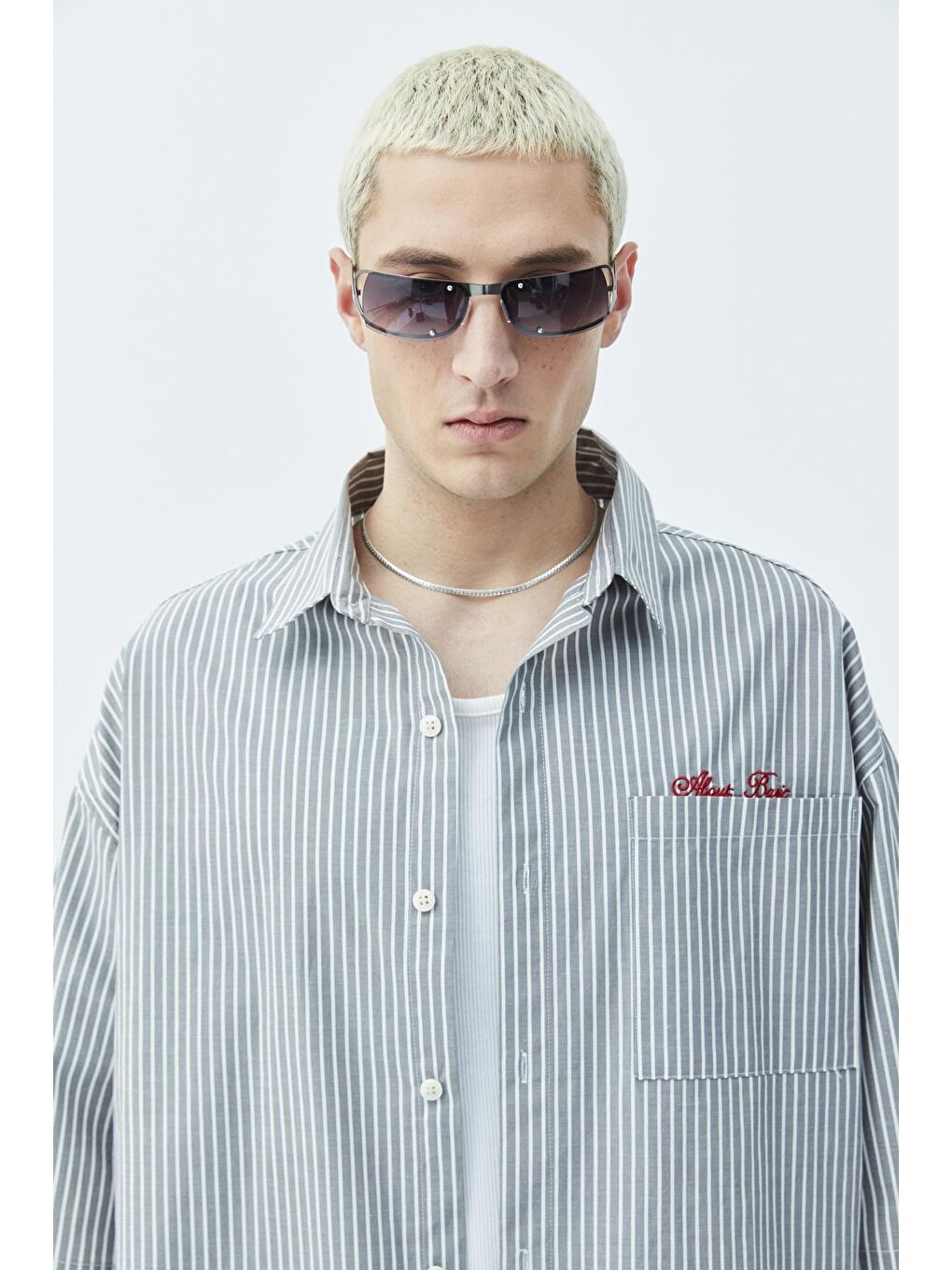 Antrasit Cep Detaylı Oversize Çizgili Kısakollu Gömlek-antrasit-4