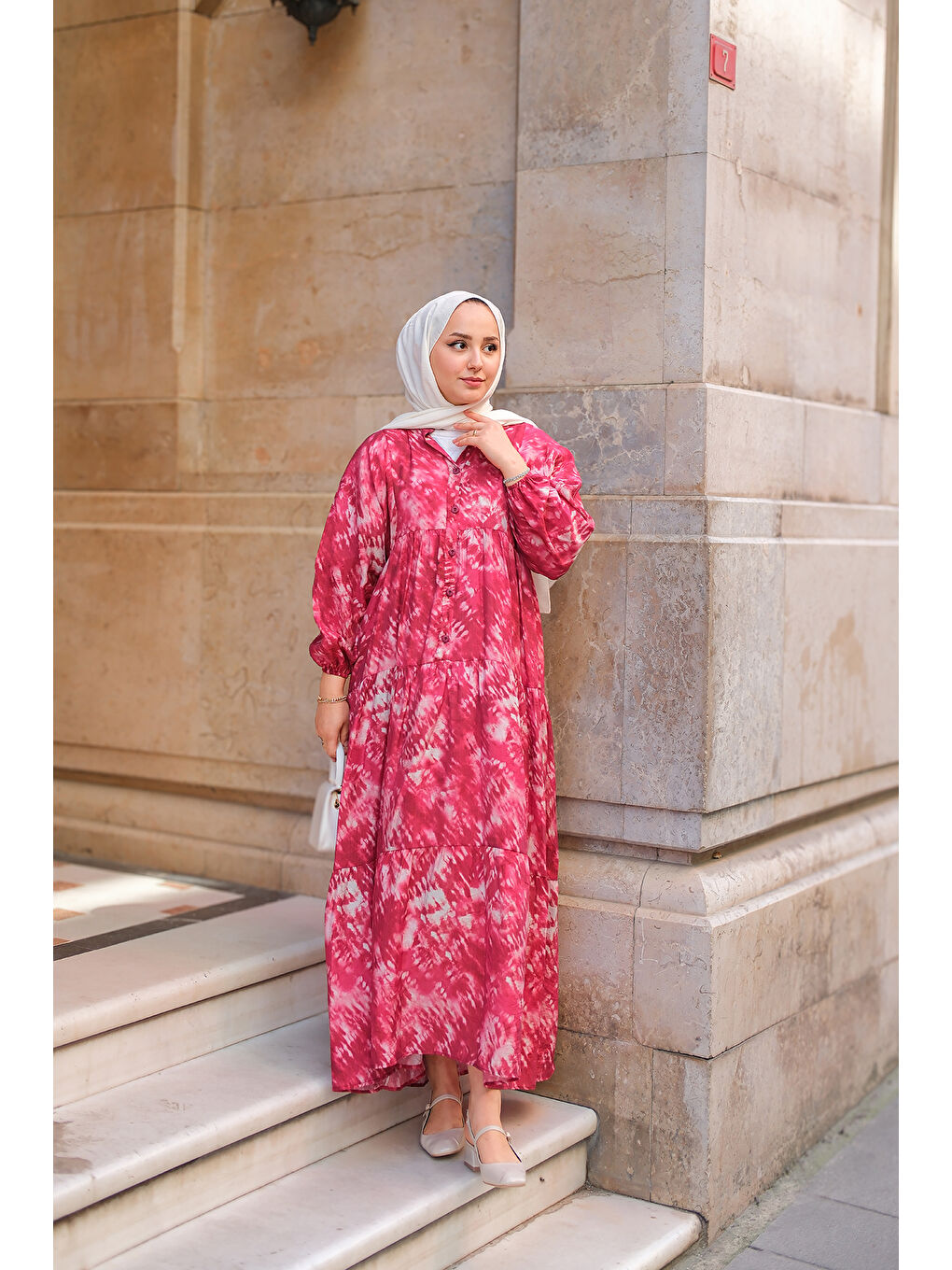 Kadın Batik Desen Elbise Fuşya-1