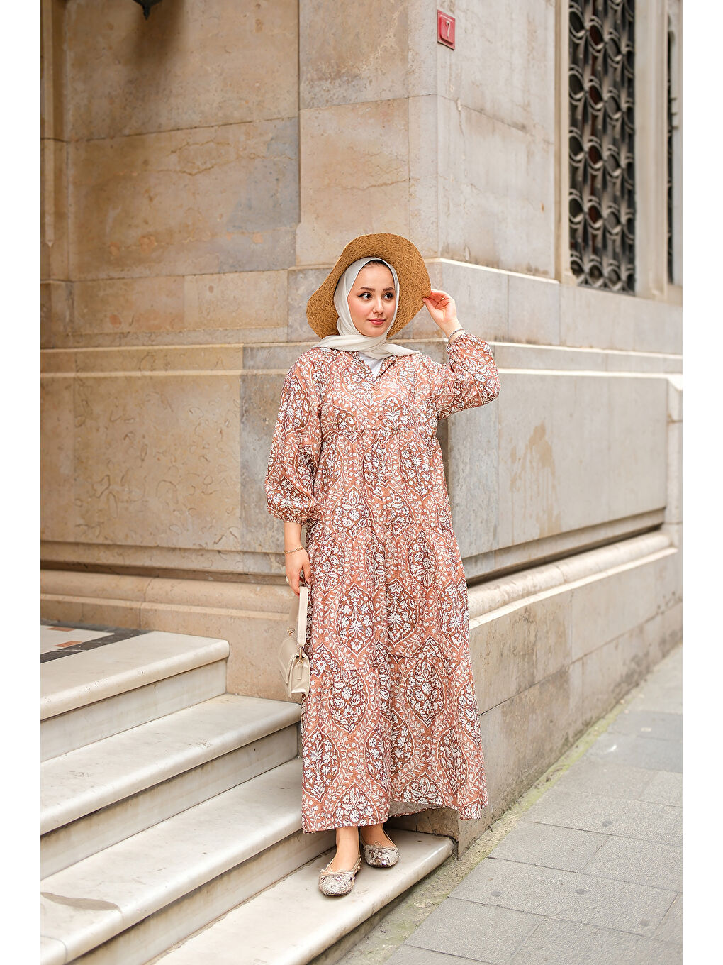 Kadın Buğlem Desenli Elbise Kahverengi-4