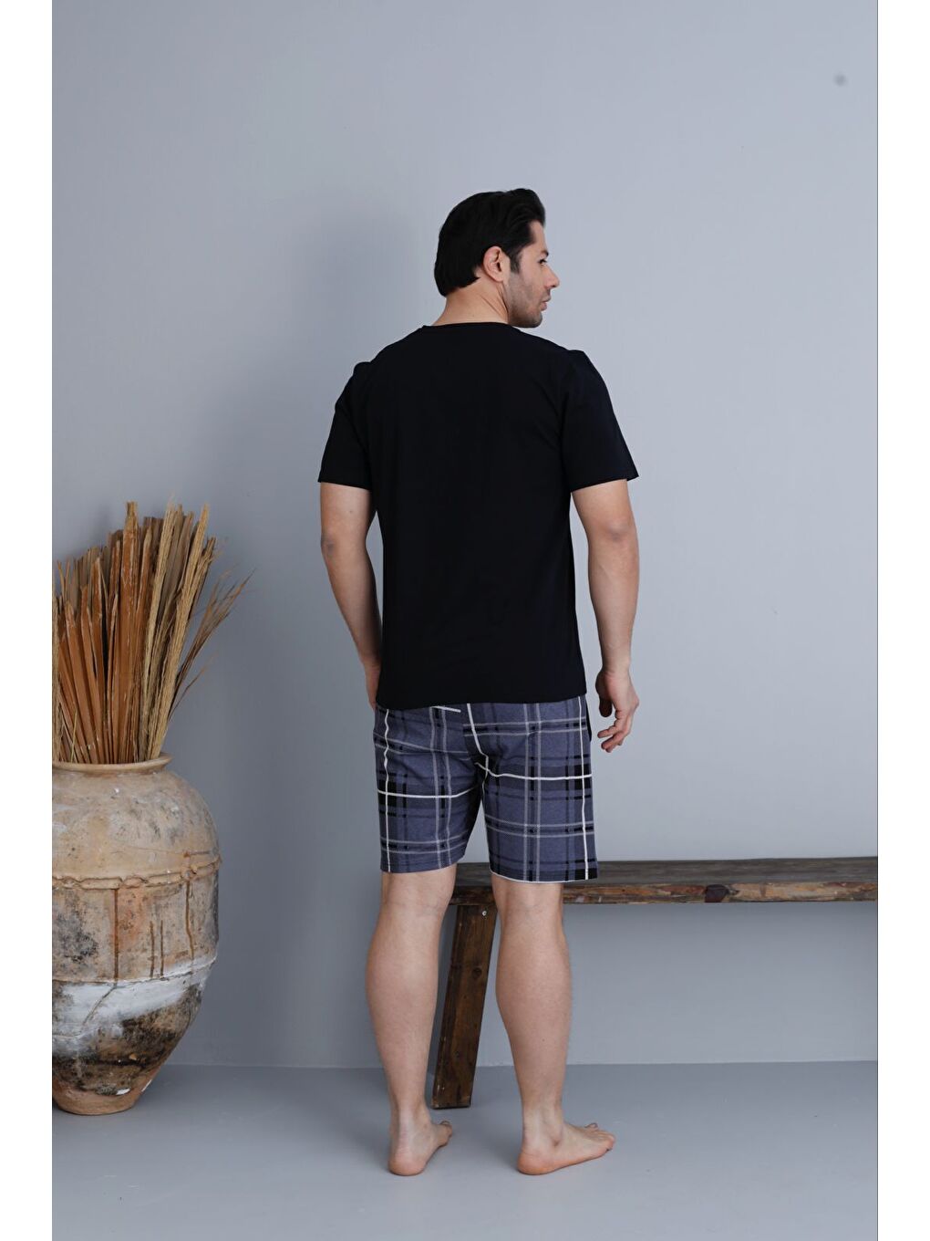 Gri Erkek %100 Organik Pamuk Kısa Kollu Ekose Şortlu Doğal Pijama Takımı-1