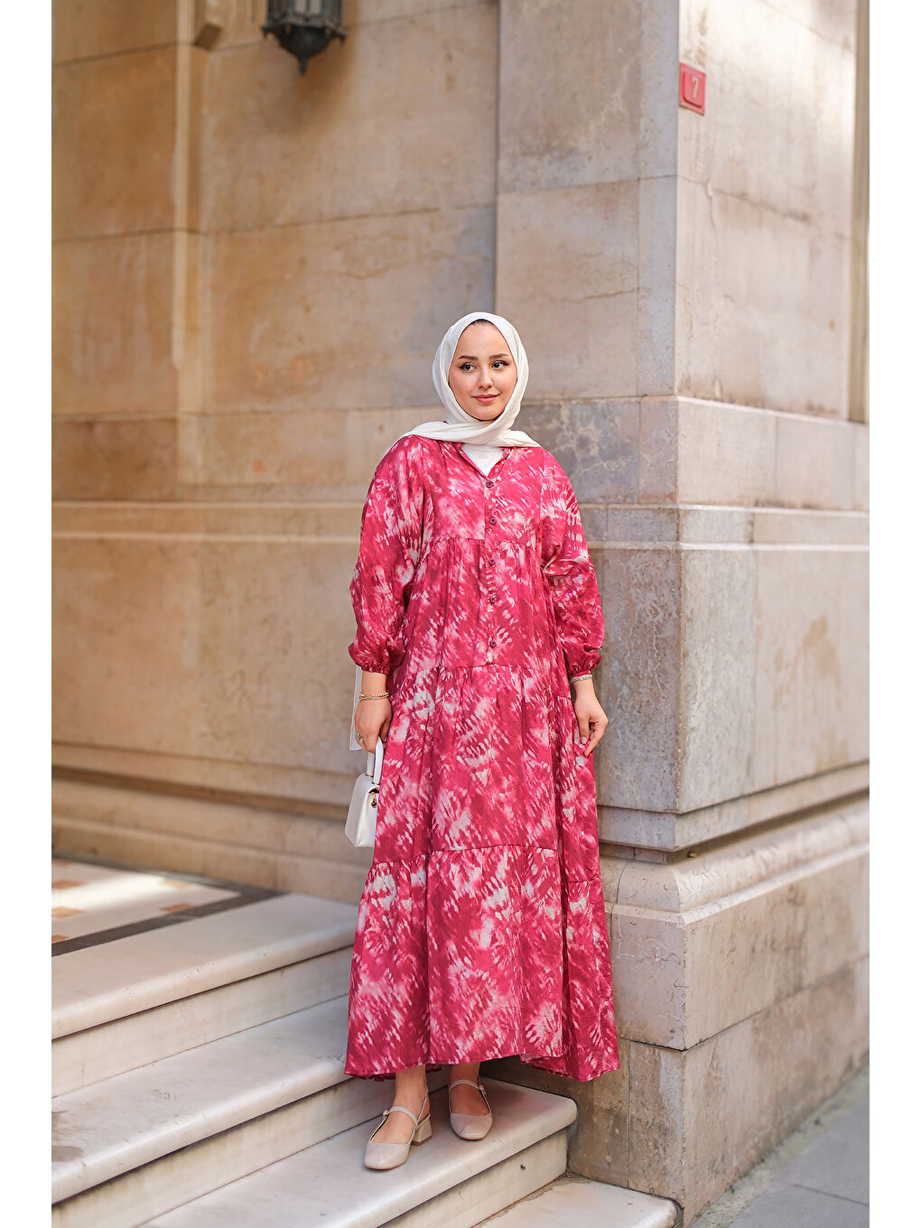 Kadın Batik Desen Elbise Fuşya-2