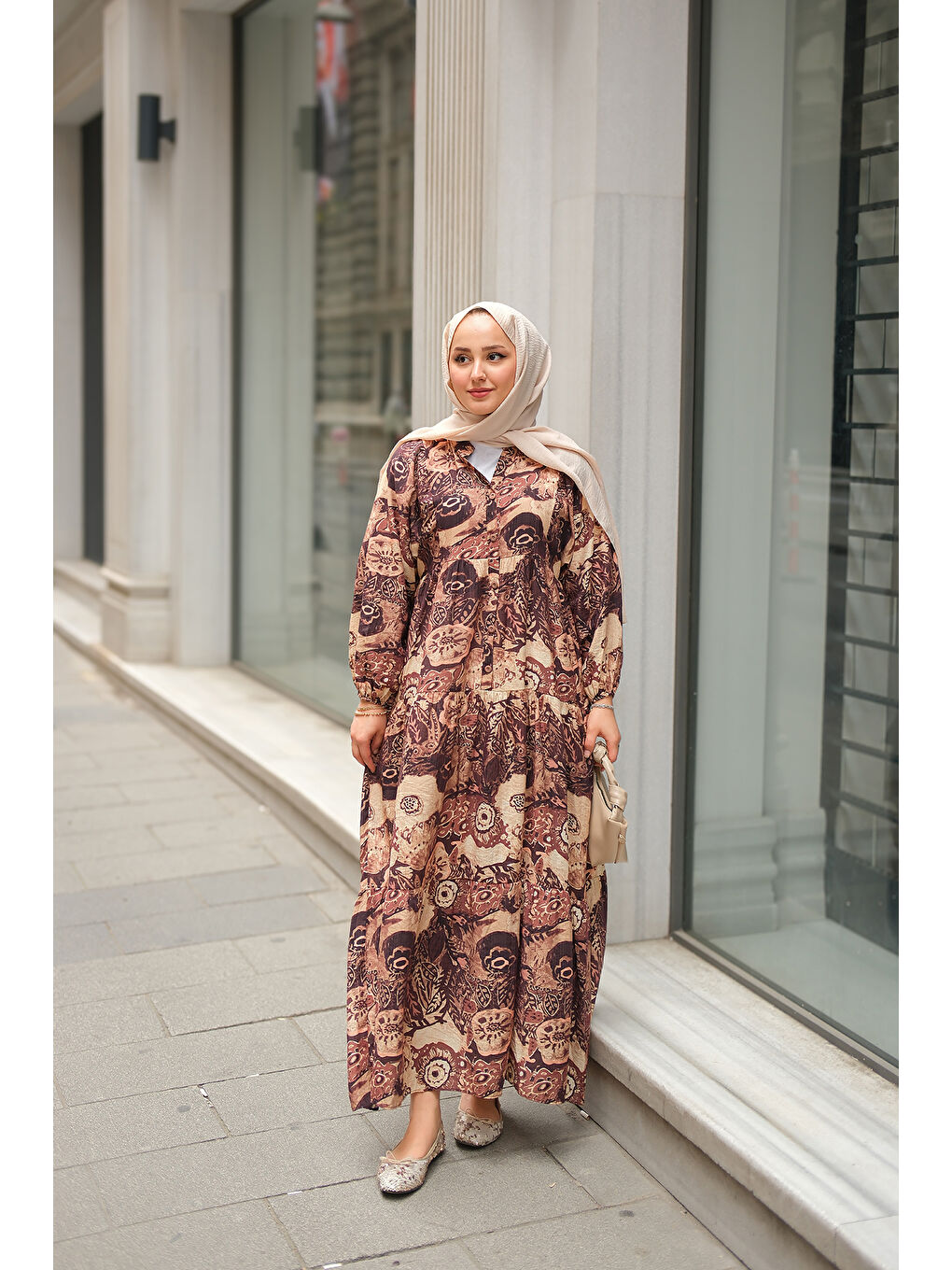 Kadın Karışık Desenli Elbise Kahverengi-1