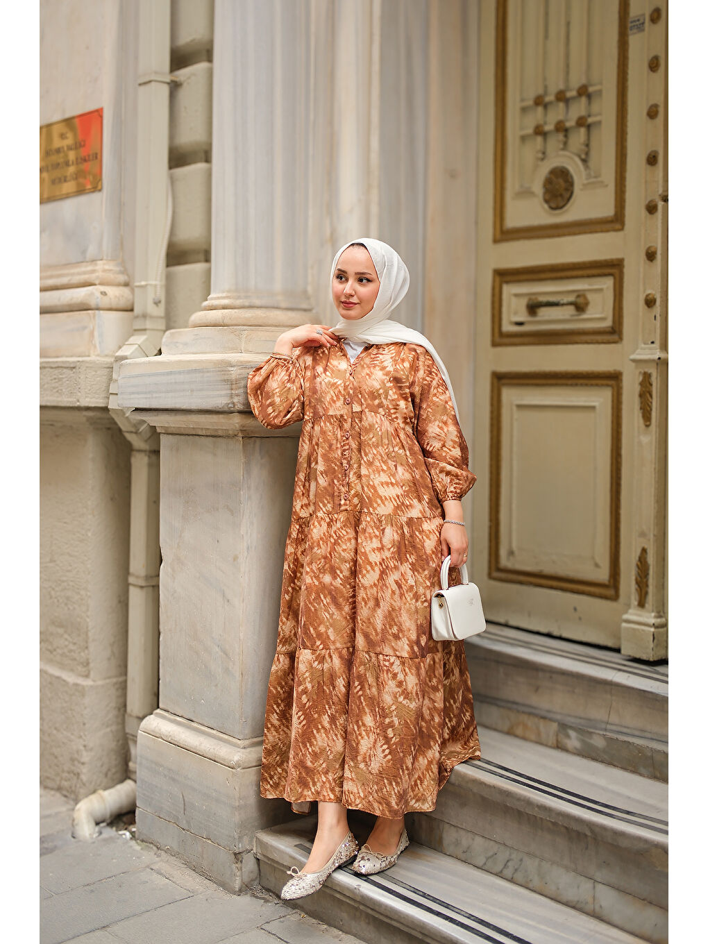 Bej Kadın Batik Desen Elbise Vizon-2