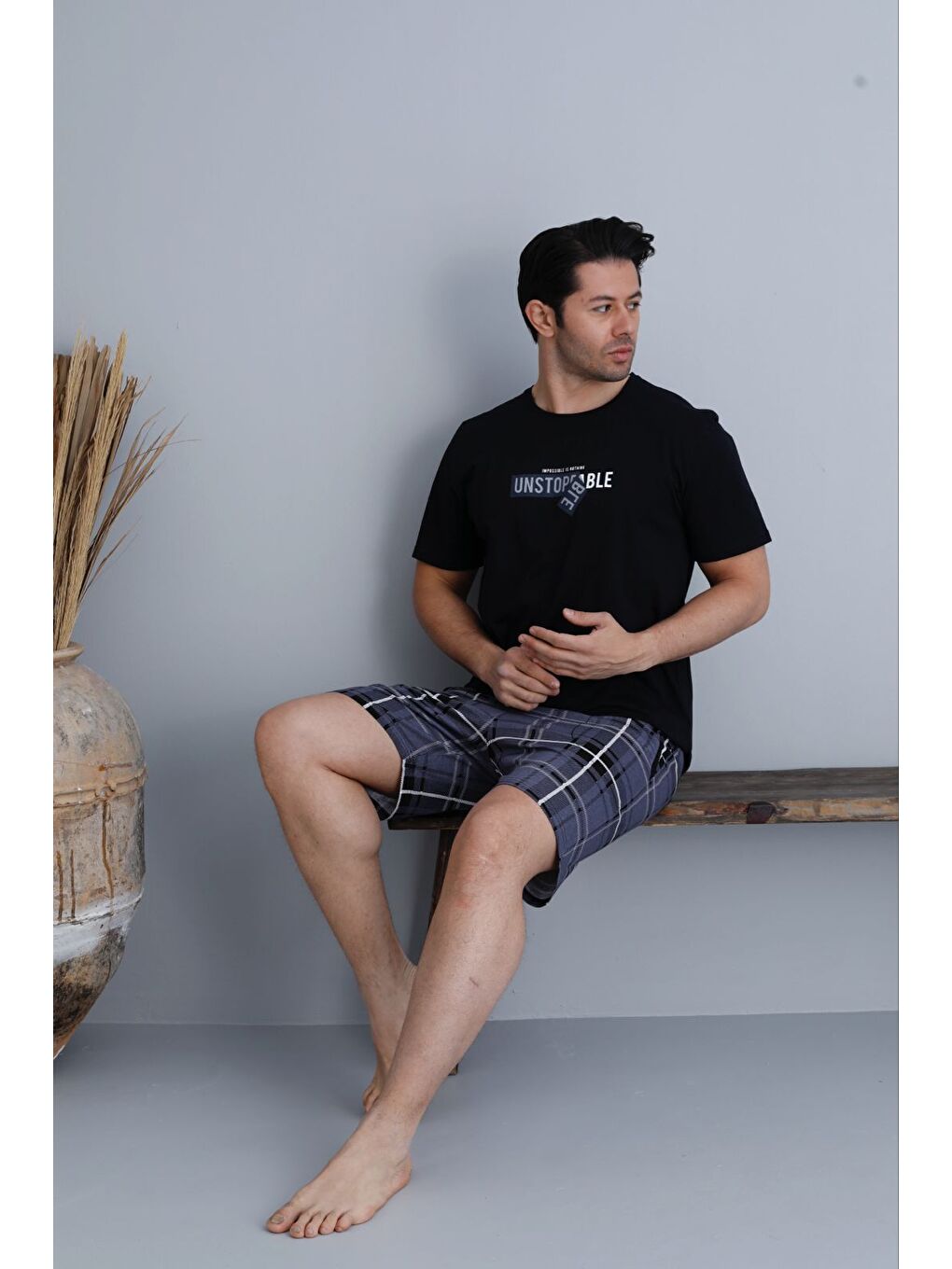 Gri Erkek %100 Organik Pamuk Kısa Kollu Ekose Şortlu Doğal Pijama Takımı-2