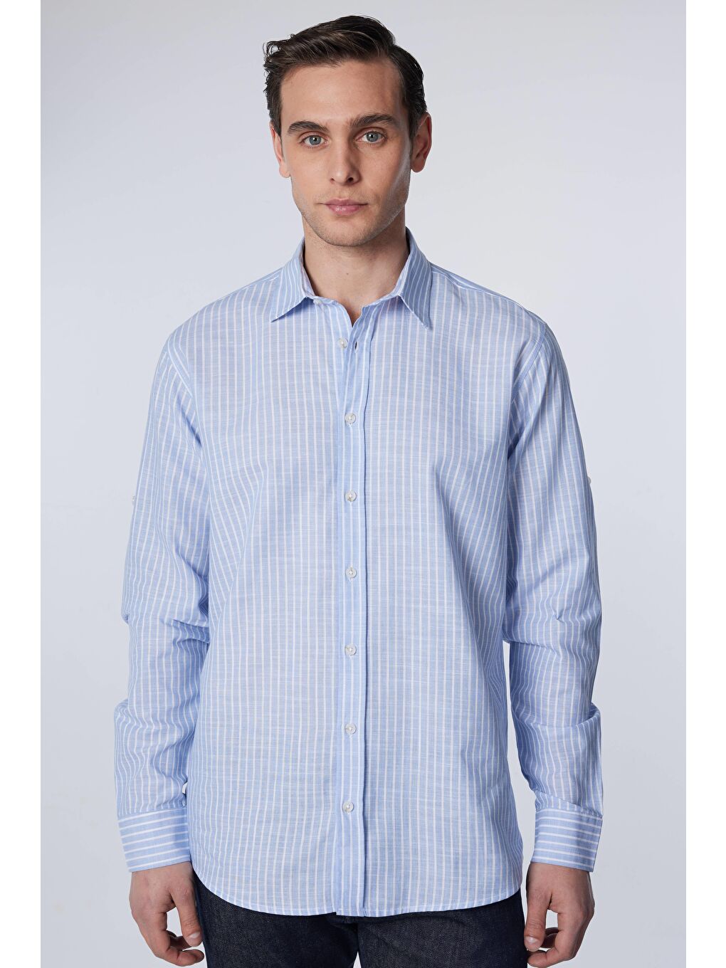 Karışık Erkek Regular Fit Klasik Kesim %100 Pamuk Keten Doku Çizgili Gömlek-1