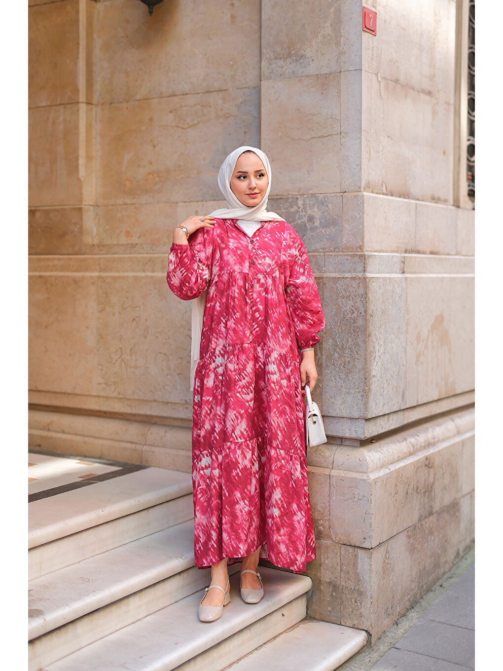 Kadın Batik Desen Elbise Fuşya-3