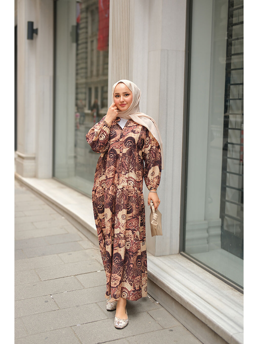 Kadın Karışık Desenli Elbise Kahverengi-2