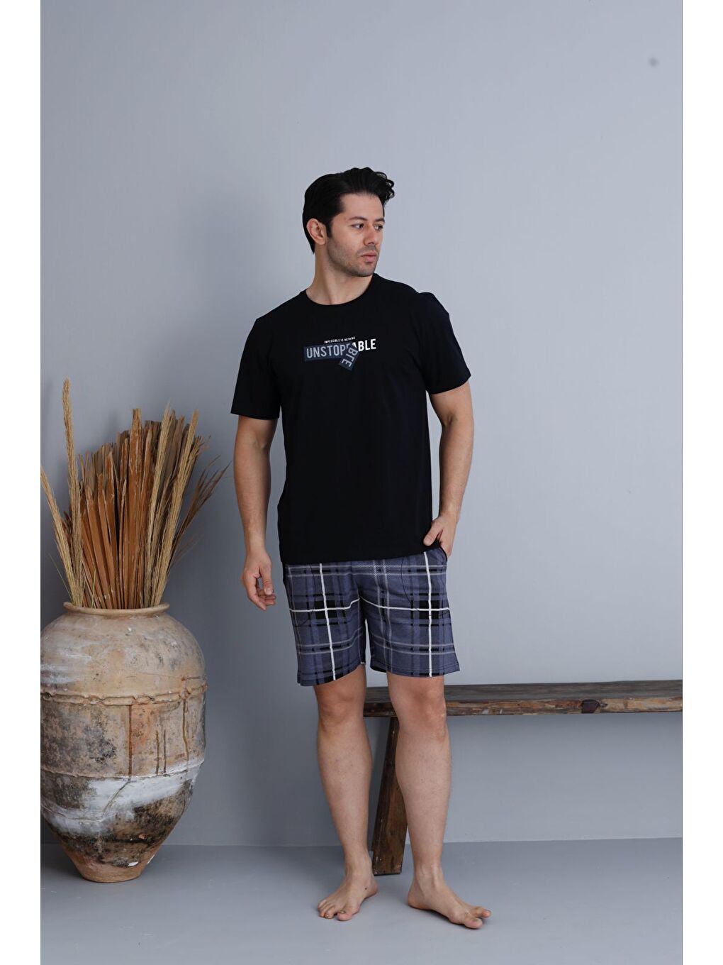 Gri Erkek %100 Organik Pamuk Kısa Kollu Ekose Şortlu Doğal Pijama Takımı-3