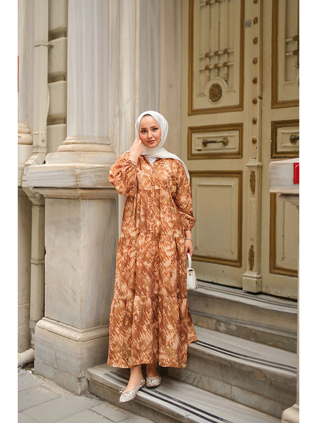 Bej Kadın Batik Desen Elbise Vizon-3