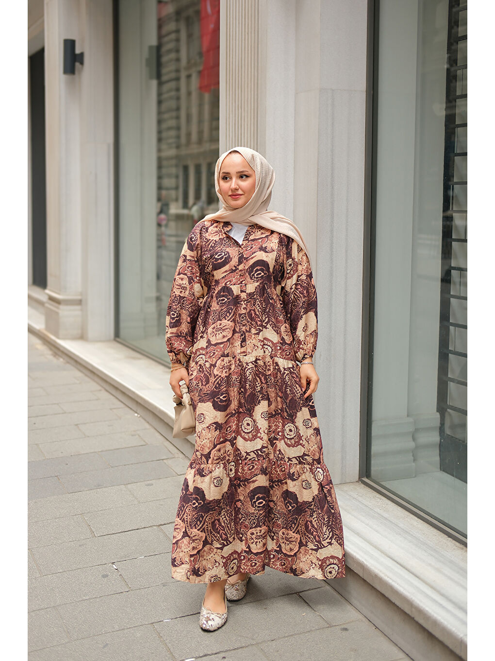 Kadın Karışık Desenli Elbise Kahverengi-3