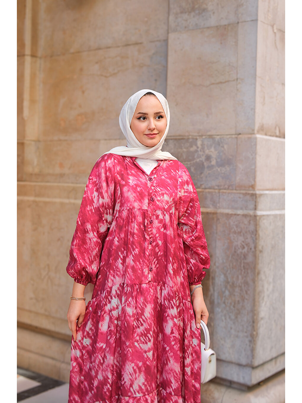 Kadın Batik Desen Elbise Fuşya-4