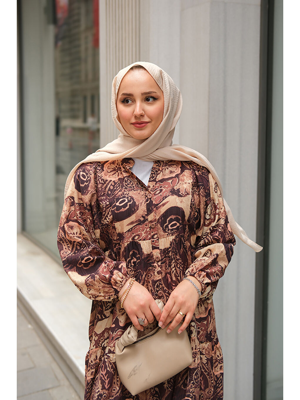 Kadın Karışık Desenli Elbise Kahverengi-4