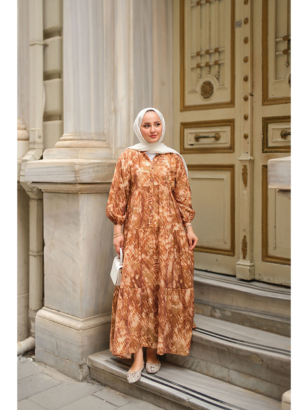 Bej Kadın Batik Desen Elbise Vizon-4