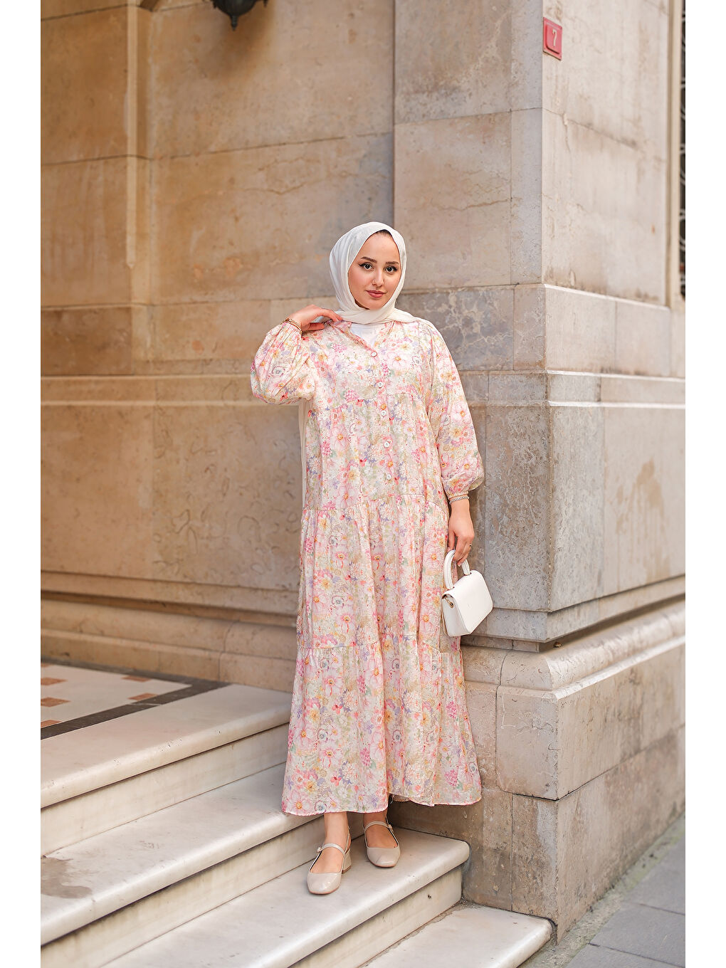 Pembe Kadın Çicek Desenli Elbise Pudra-1