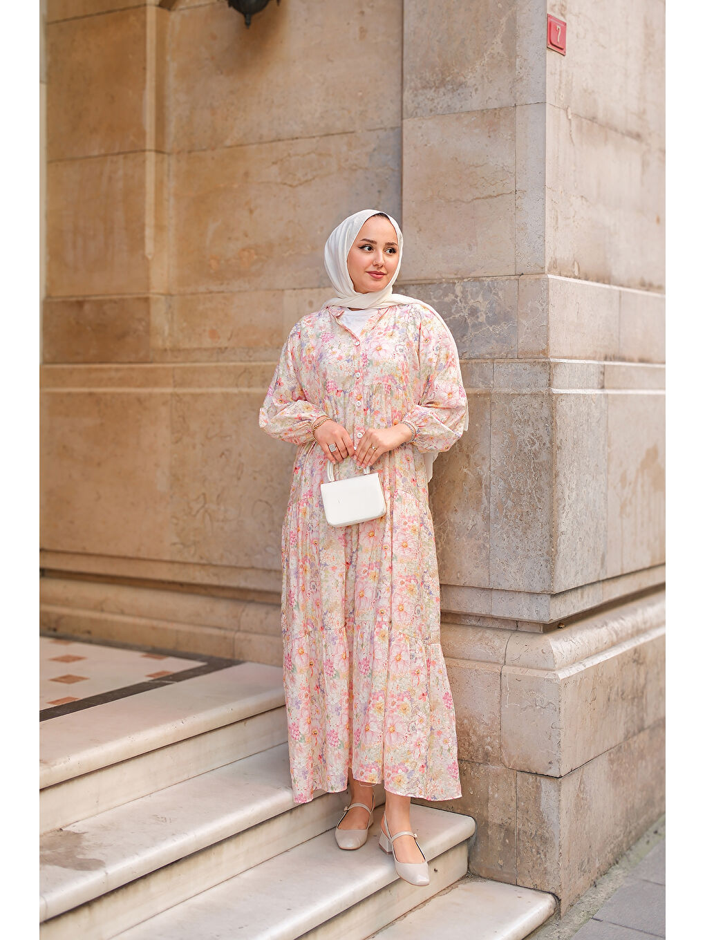 Pembe Kadın Çicek Desenli Elbise Pudra-2