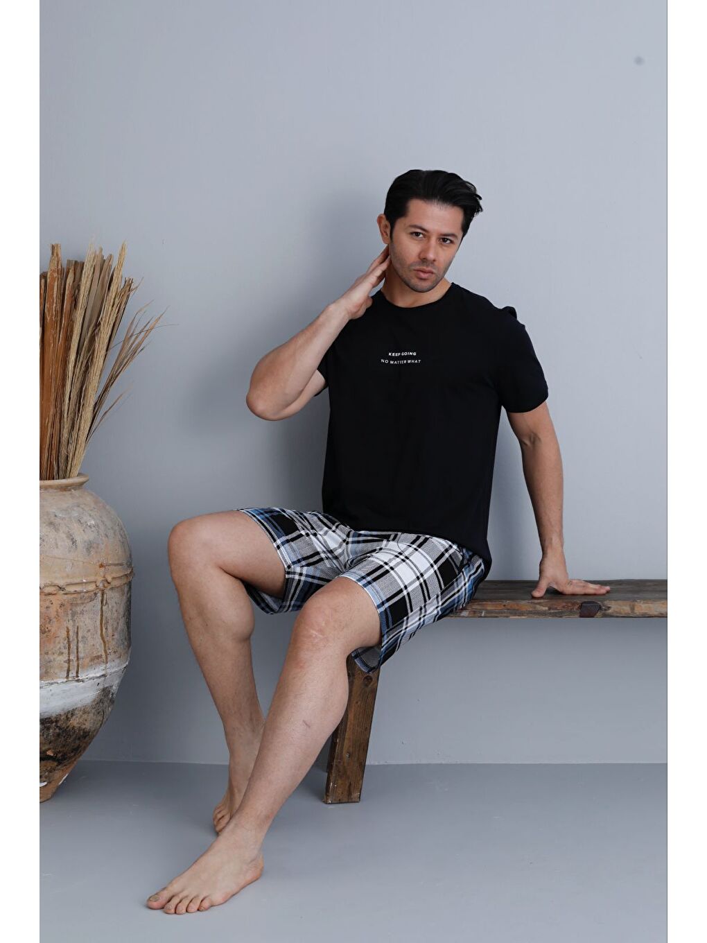 Beyaz Erkek %100 Organik Pamuk Kısa Kollu Ekose Şortlu Doğal Pijama Takımı-1