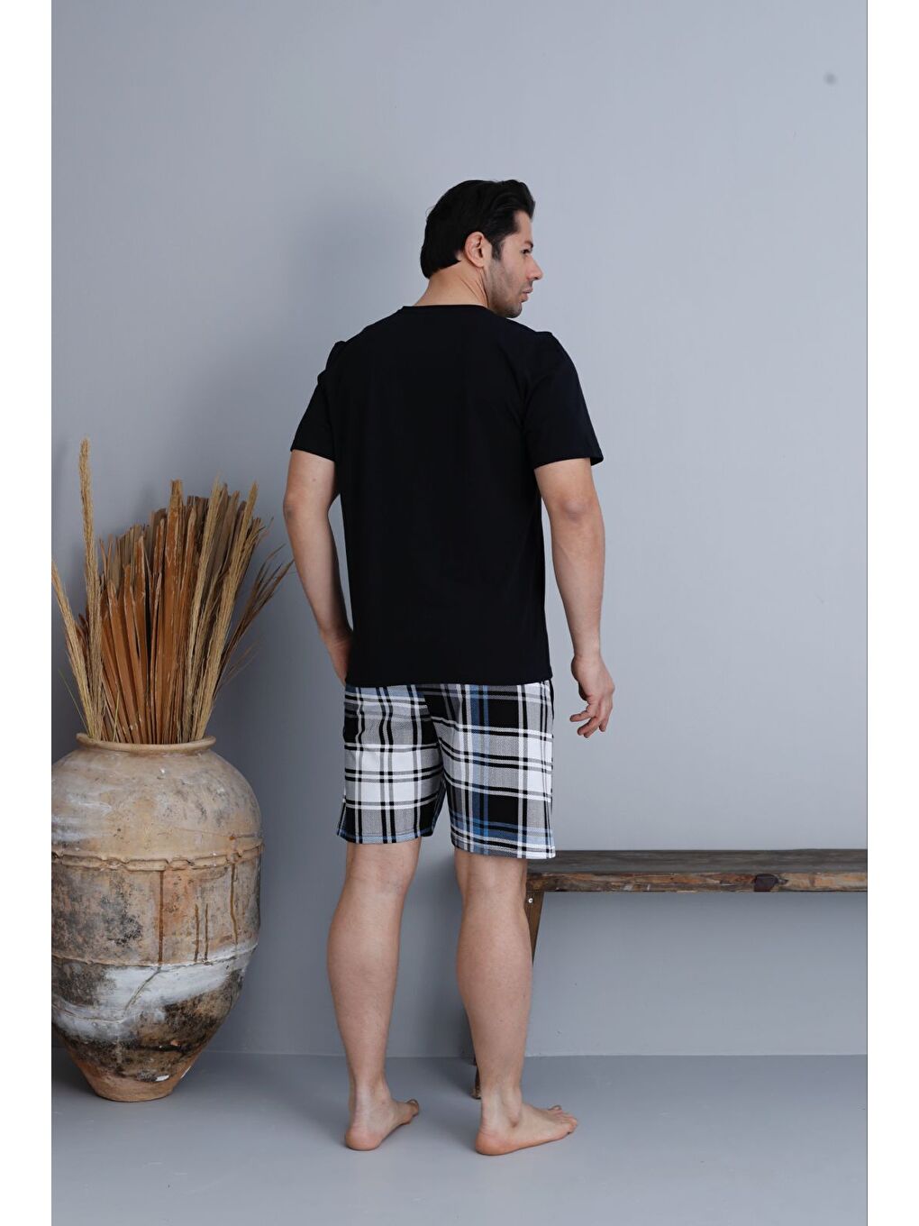 Beyaz Erkek %100 Organik Pamuk Kısa Kollu Ekose Şortlu Doğal Pijama Takımı-2