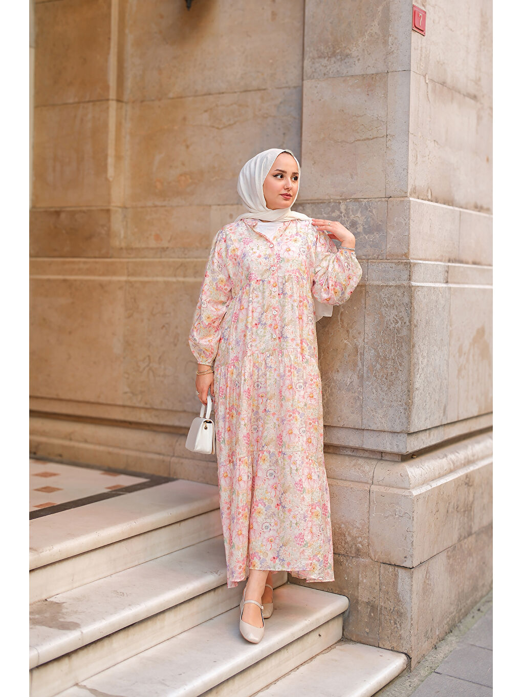 Pembe Kadın Çicek Desenli Elbise Pudra-3