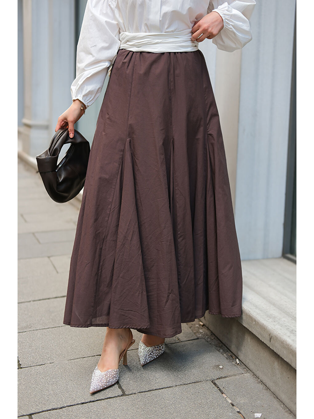 Kadın Pile Detaylı Vual Etek Kahverengi