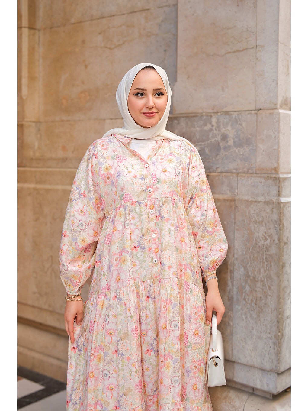 Pembe Kadın Çicek Desenli Elbise Pudra-4