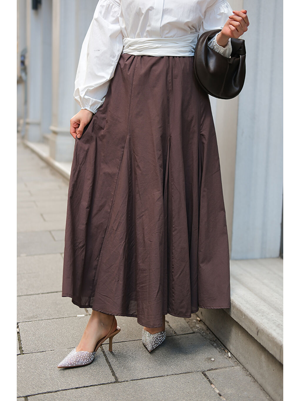 Kadın Pile Detaylı Vual Etek Kahverengi-1