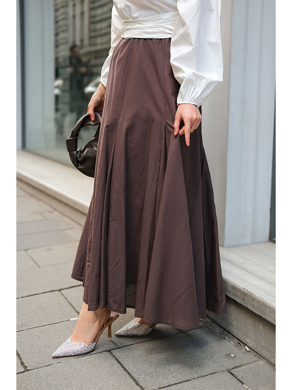 Kadın Pile Detaylı Vual Etek Kahverengi-2