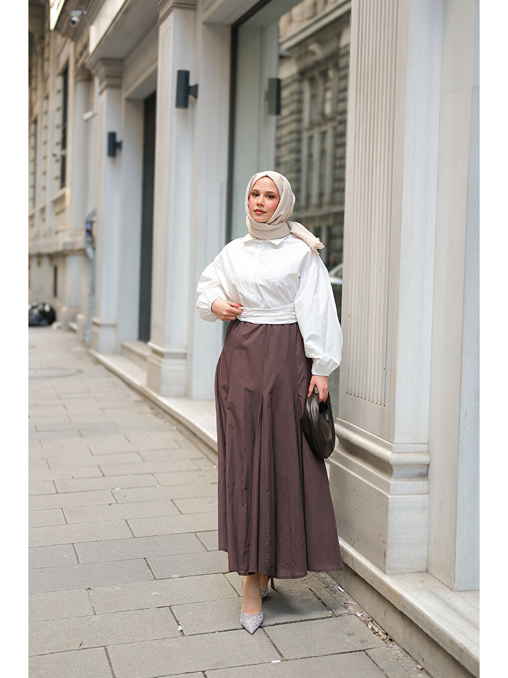 Kadın Pile Detaylı Vual Etek Kahverengi-3