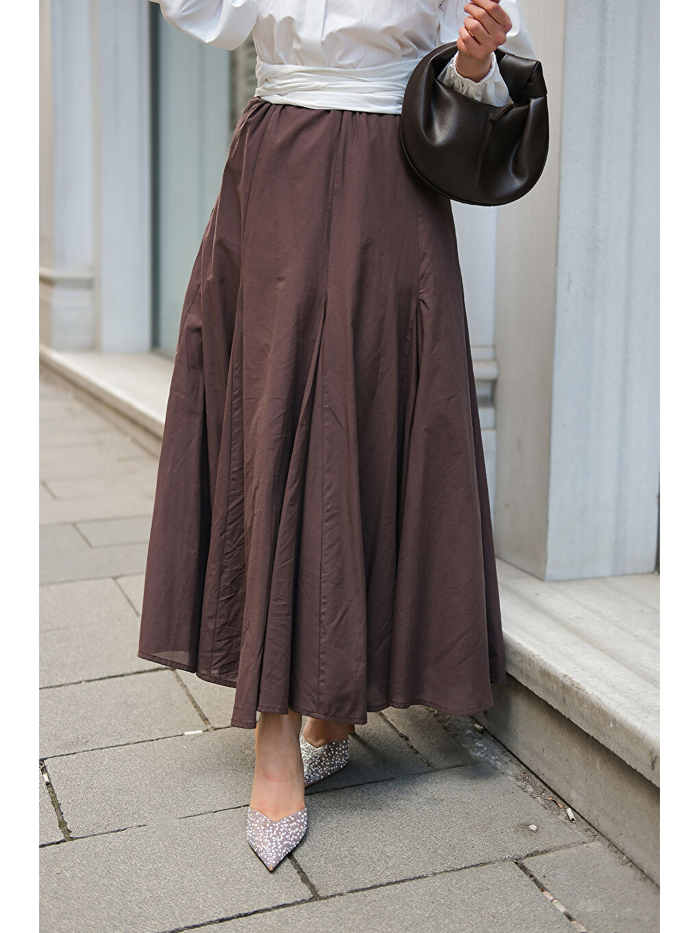 Kadın Pile Detaylı Vual Etek Kahverengi-4