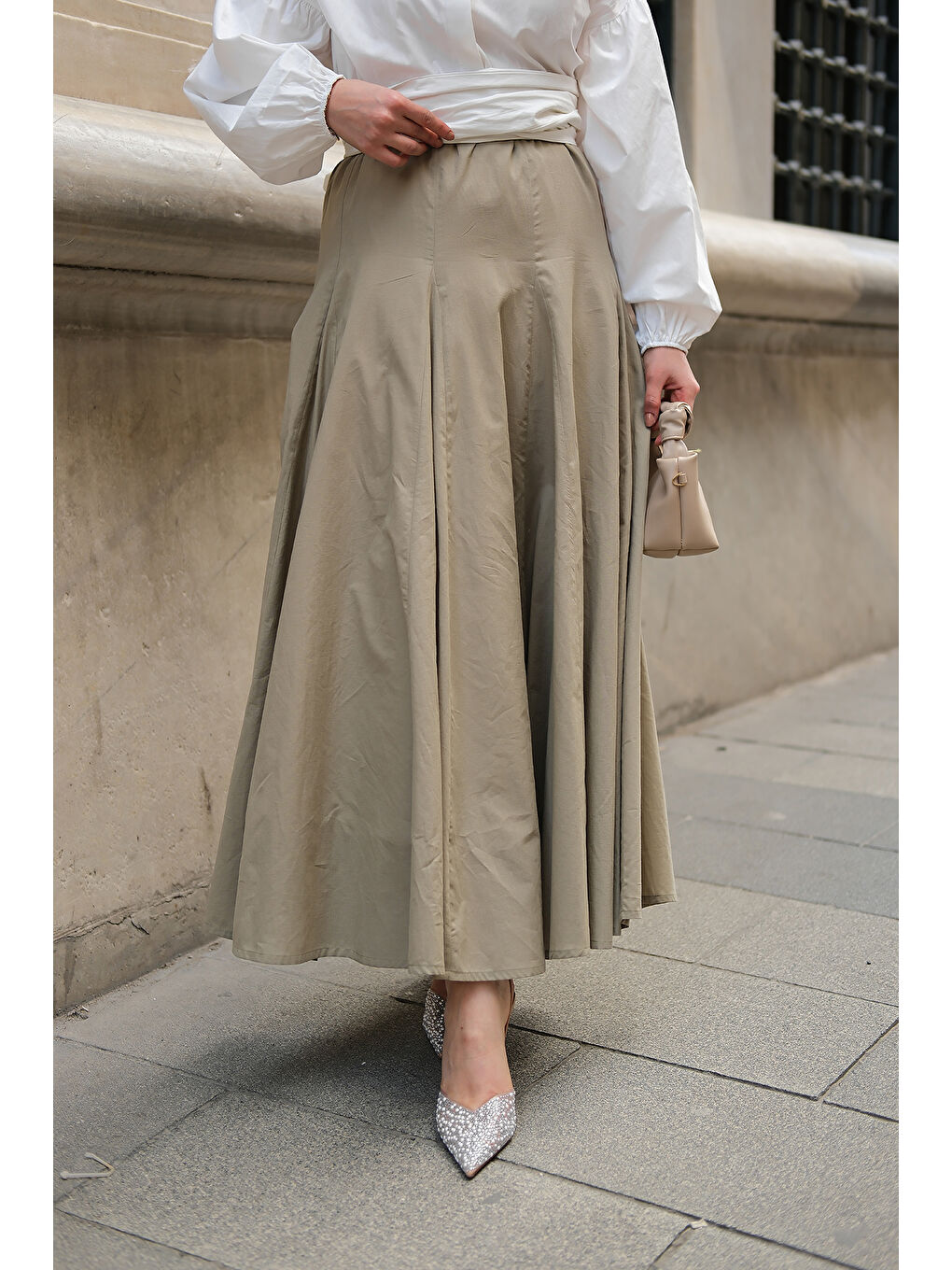 Kadın Pile Detaylı Vual Etek Küf Yeşil