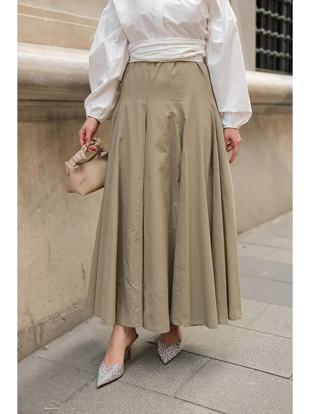 Kadın Pile Detaylı Vual Etek Küf Yeşil-1