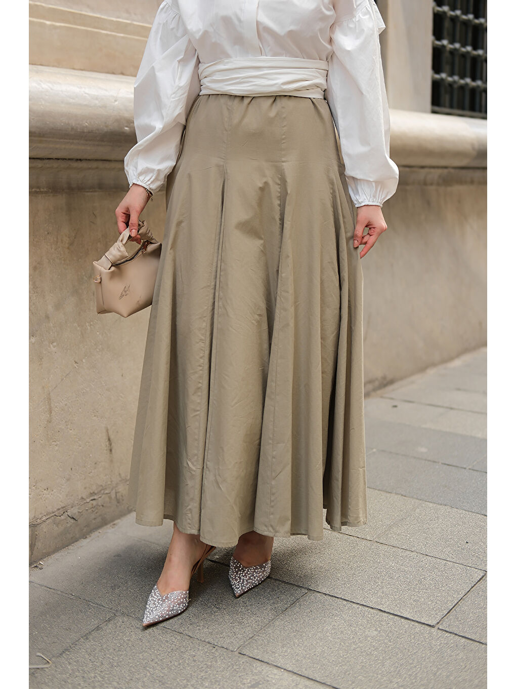 Kadın Pile Detaylı Vual Etek Küf Yeşil-2