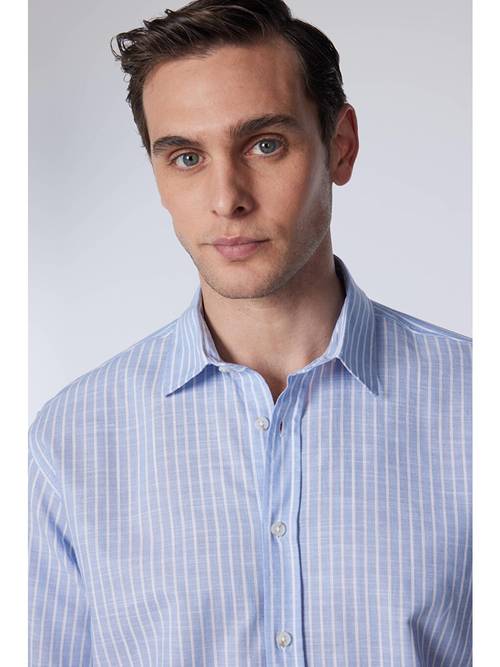 Karışık Erkek Regular Fit Klasik Kesim %100 Pamuk Keten Doku Çizgili Gömlek-2