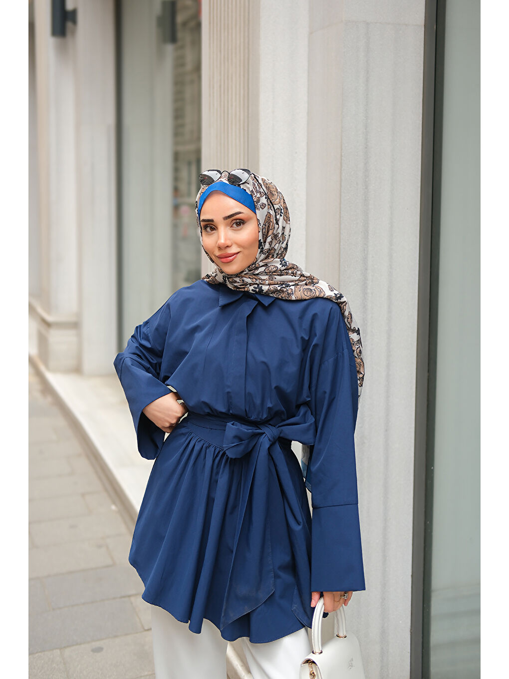 Kadın Uzun Kuşaklı Gömlek Lacivert-3