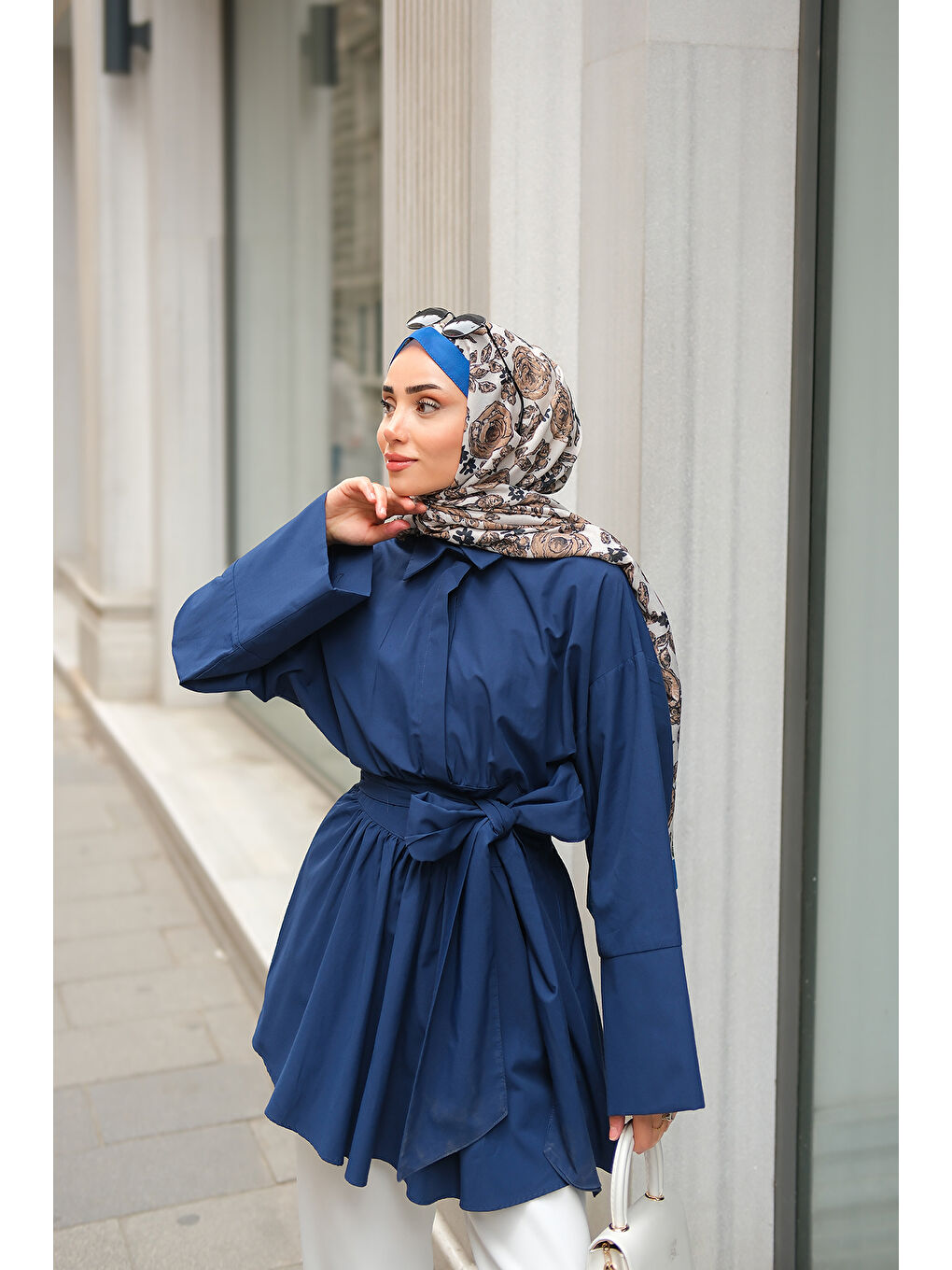 Kadın Uzun Kuşaklı Gömlek Lacivert-4