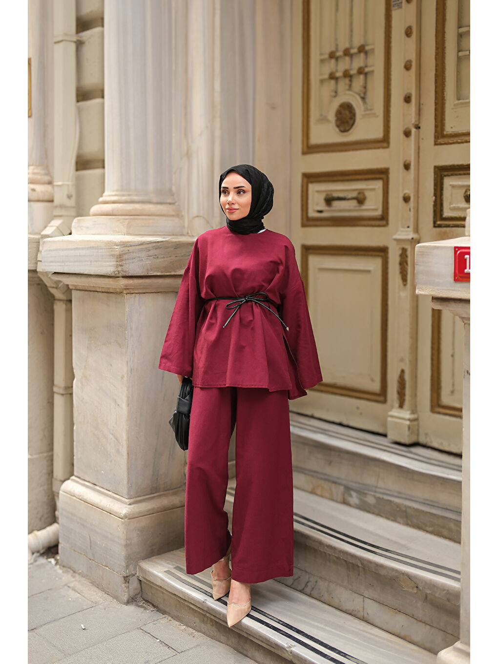 Kadın Basıc Keten Takım Bordo