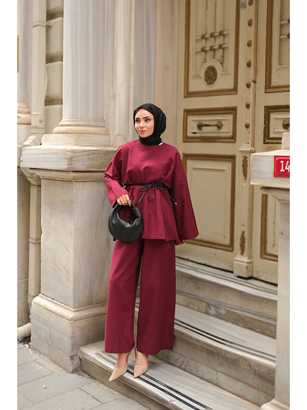 Kadın Basıc Keten Takım Bordo-1