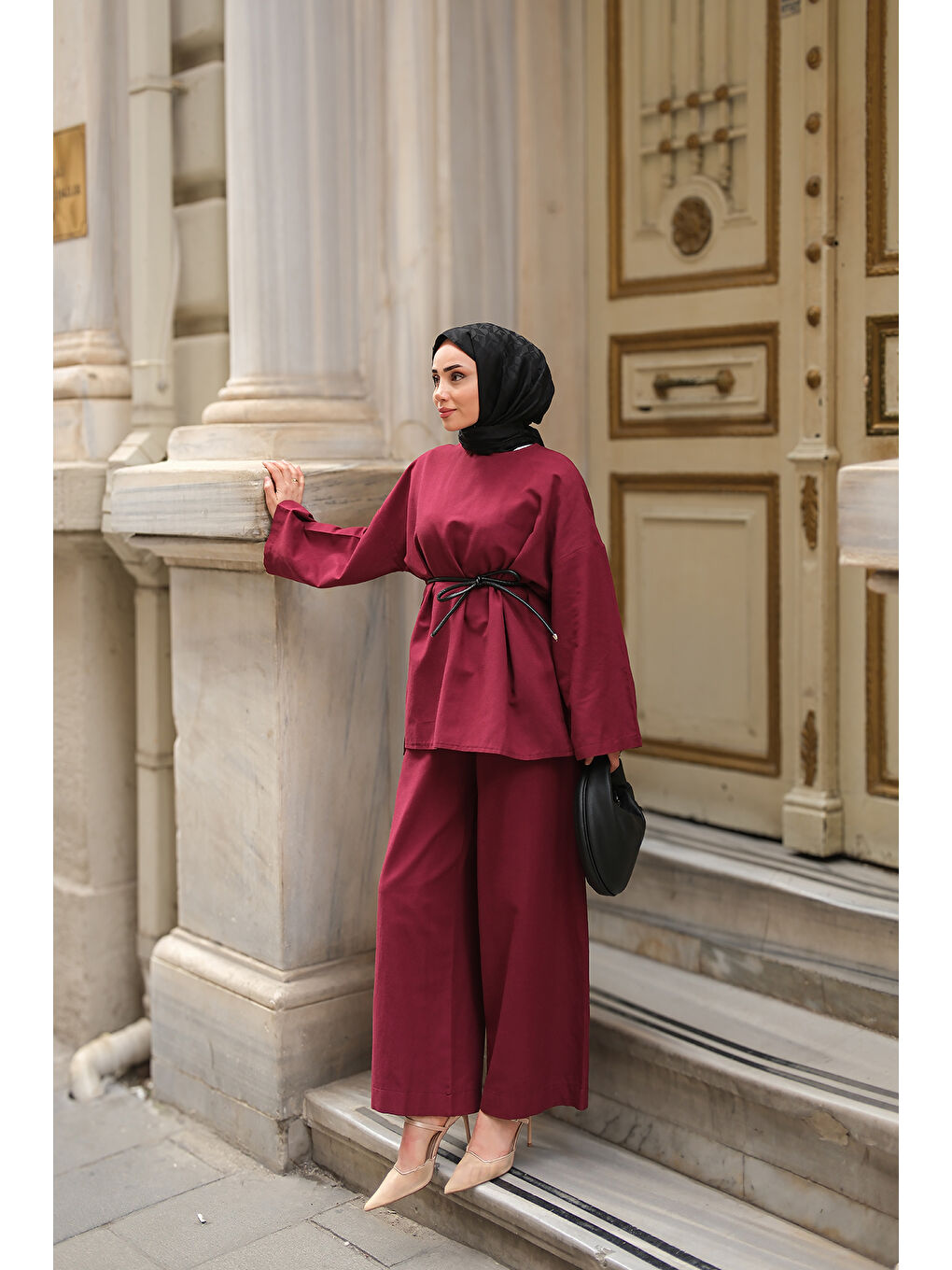 Kadın Basıc Keten Takım Bordo-2